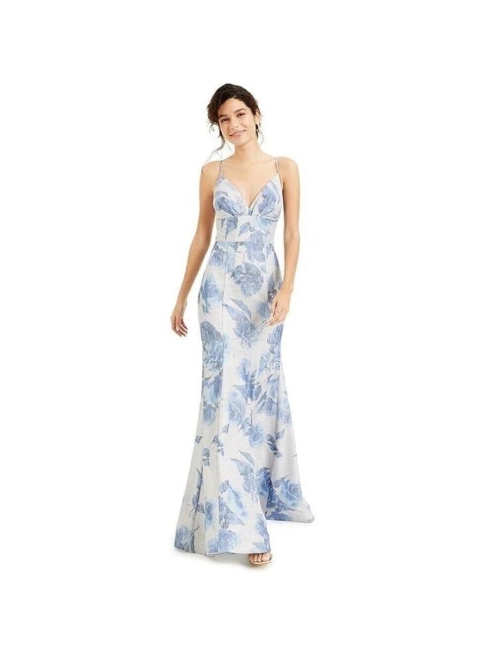 B Darlin Junior Womens 3/4 Silver Blue Floral V Neck Maxi Long Dress Small